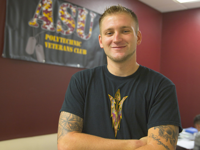 Beau Bock decided his best option for a path to higher education was the military. He enlisted in the Army and was trained to work in radar technology repair. He was accepted to ASU as a transfer student four years later and is on course to earn his bachelor’s degree by the end of 2015. Photo by Jessica Hochreiter / ASU.