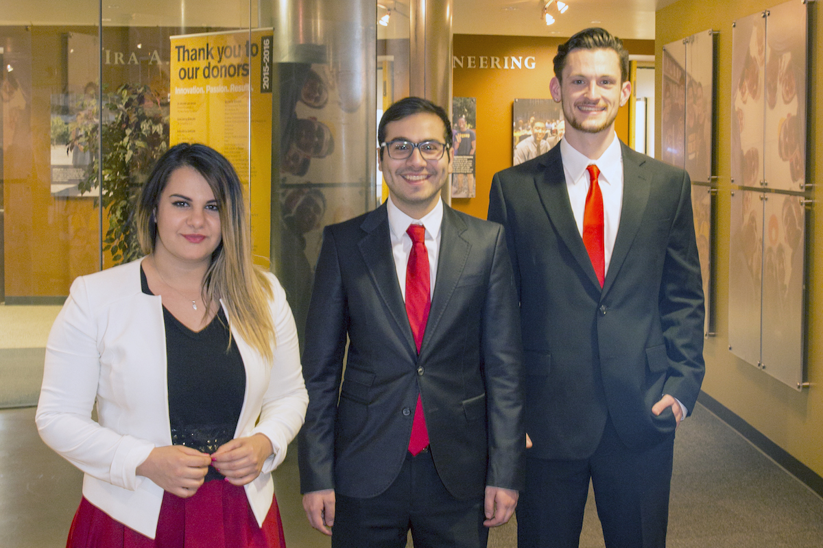 Velia Francis (left), Anthony Zlaket (center) and Nick Vale (right) are designing orthopedic dynamic splints that both prevent and fix hand deformities. The team will represent ASU at the United States National Grand Challenges Summit in Washington, D.C.