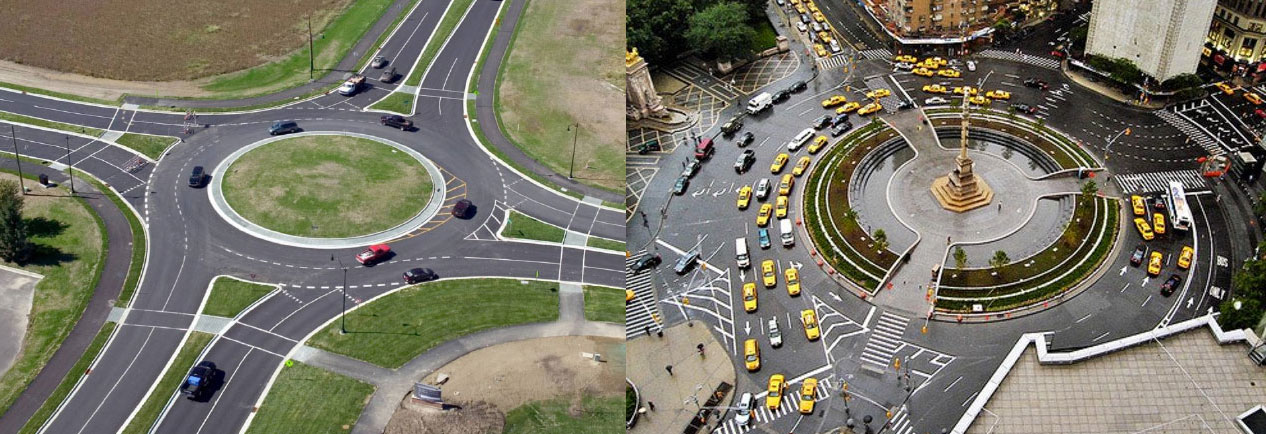 Photos of a modern roundabout and an older style rotary or traffic circle for comparison.