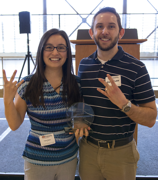Photo of Taylor Wiehn and her husband Michael. Caption: Taylor Wiehn and her husband, Michael, show off their Sun Devil pride at the Spring 2017 FURI Luncheon on April 21, 2017. The pair of chemical engineers met during their first week at ASU, and Wiehn credits the support of her husband, along with that of her family, as contributing factors to the award. Marco Alexis-Chaira/ASU