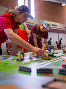 Students demonstrate FIRST LEGO League projects at Wells Fargo Arena in October 2017.