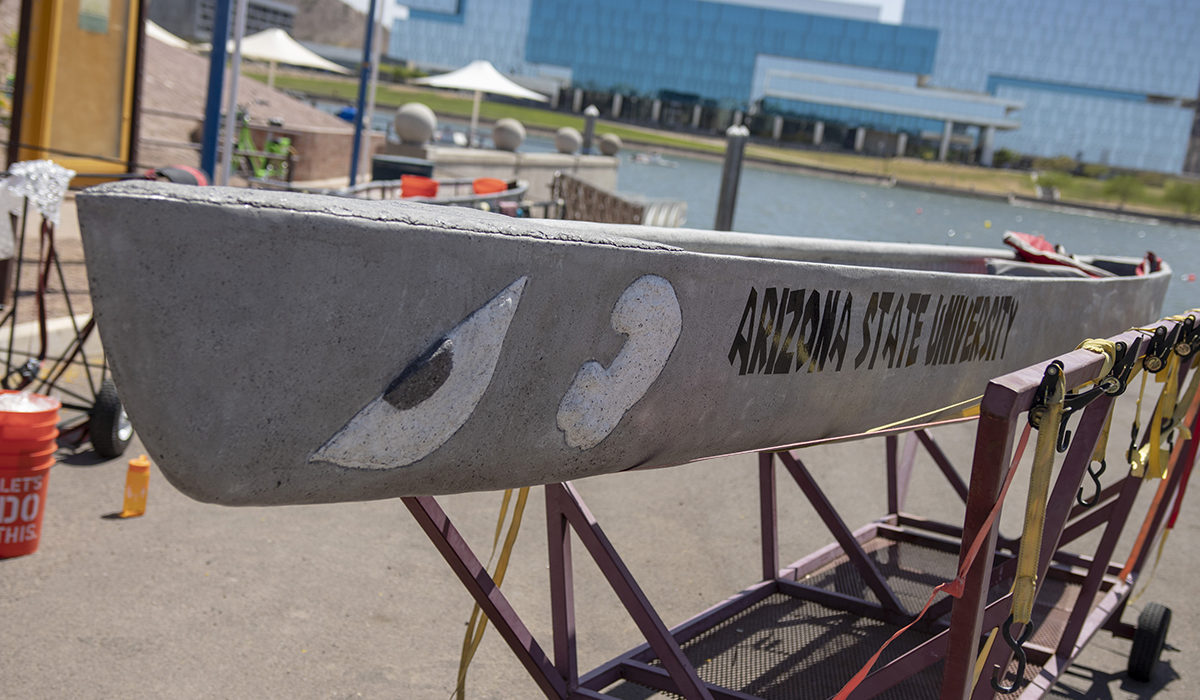 Photo of a concrete canoe out of the water. Caption: Building watercraft out of concrete tests students’ abilities in several fundamental civil engineering, design and construction skills. Photographer: Marco-Alexis Chaira/ASU