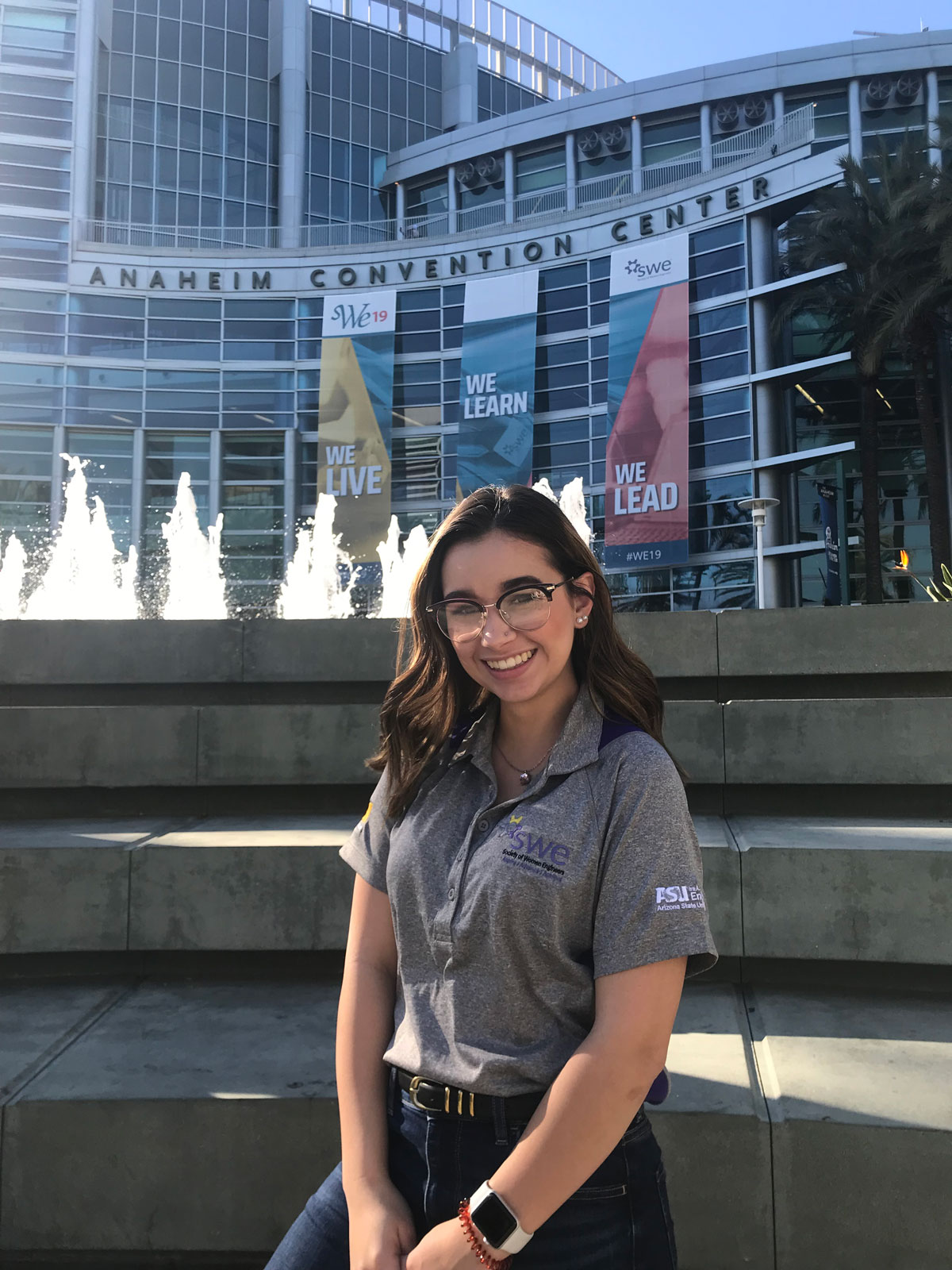 Elizabeth Jones poses outside the WE19 conference venue in Anaheim, California.