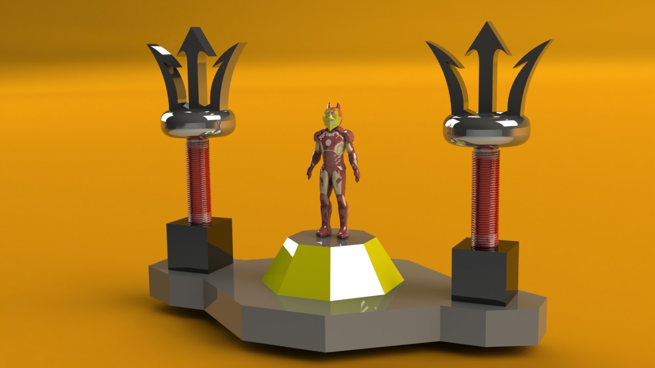 a mock up up Sparky the Sun Devil between a pair of Tesla coils shaped like pitchforks