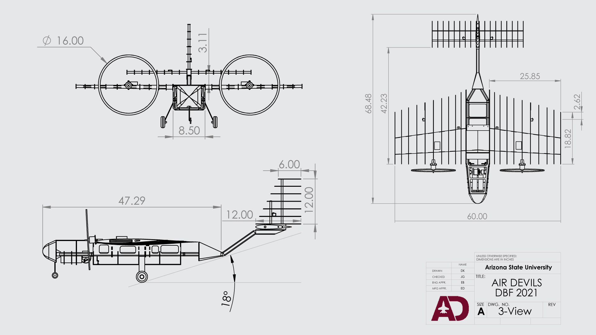 Line drawings of the Duct Tape Overcast aircraft designed by the Air Devils team for the American Institute of Aeronautics and Astronautics Design/Build/Fly competition