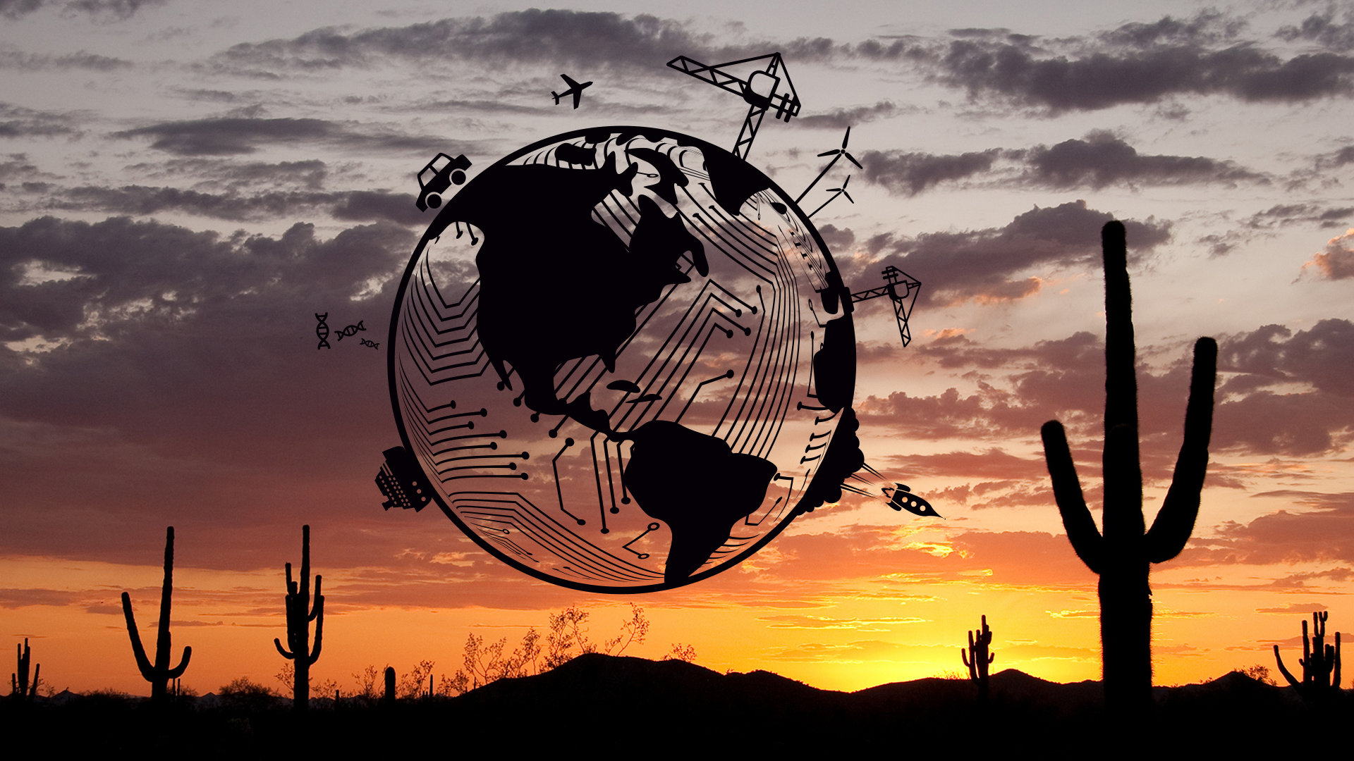 A graphic of a globe featuring different engineering applications superimposed on a photo of a desert sunset.