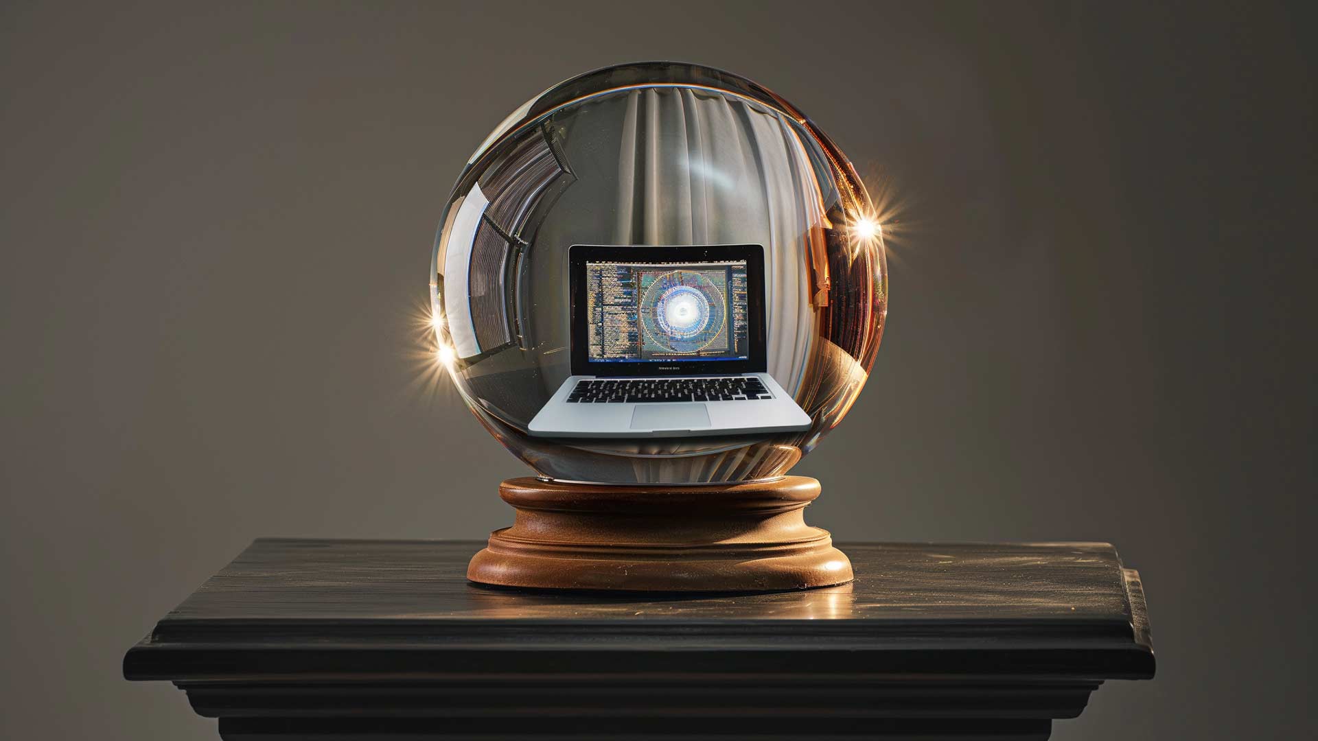 an AI-created image of a laptop inside a crystal ball