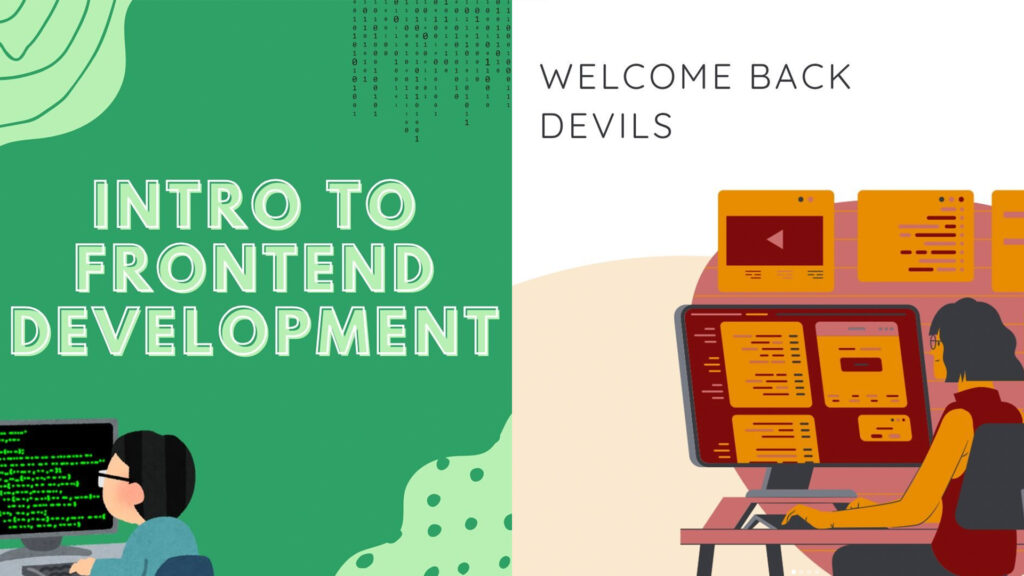 Graphic with text saying -Intro to frontend development - Welcome back Devils