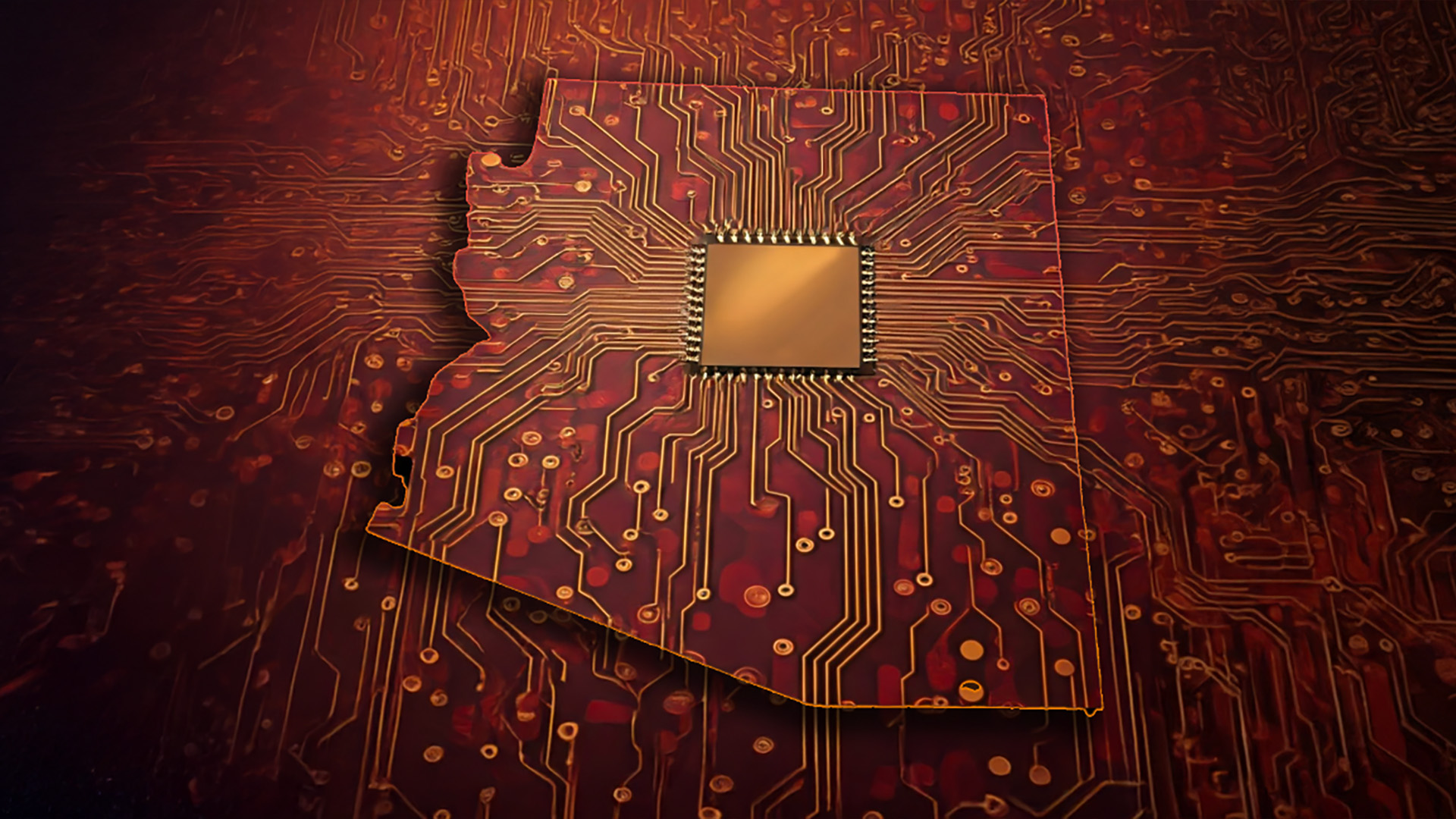 An illustration of a microelectronics chip in the shape of the state of Arizona. Illustration by Erika Gronek/ASU
